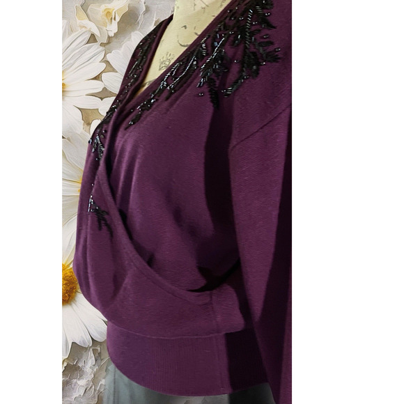 I.B. Diffusion Plum Beaded Wrap Sweater M Dressy Evening Knit Top - Picture 6 of 8